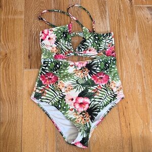 Cupshe Floral One Piece Swimsuit - Green and Pink